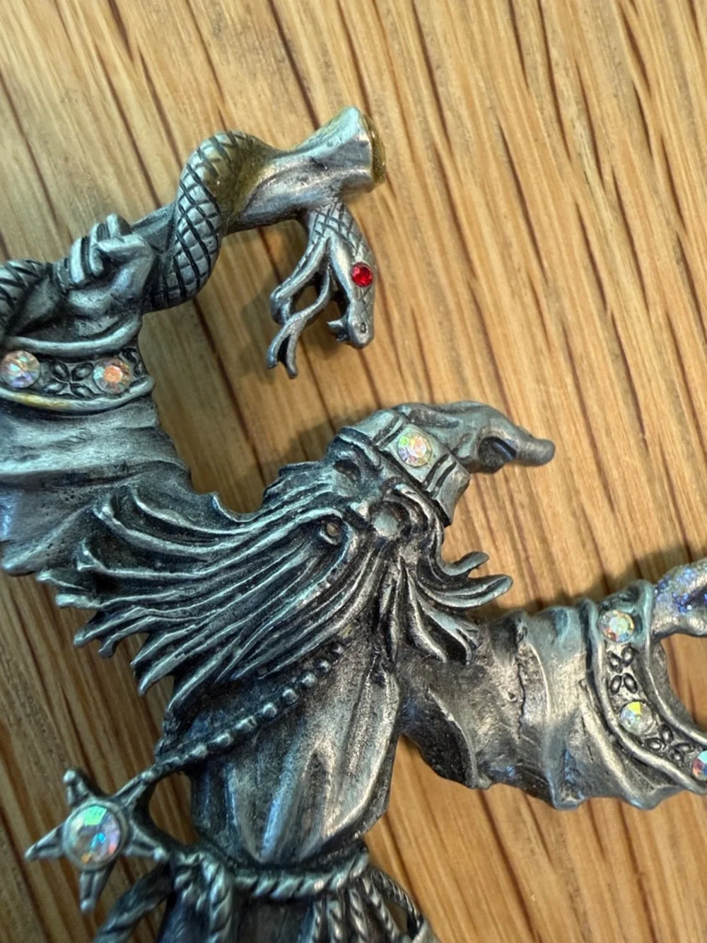 Vintage JJ Design Wizard & Serpent Staff Pewter Brooch Pin. 1980s